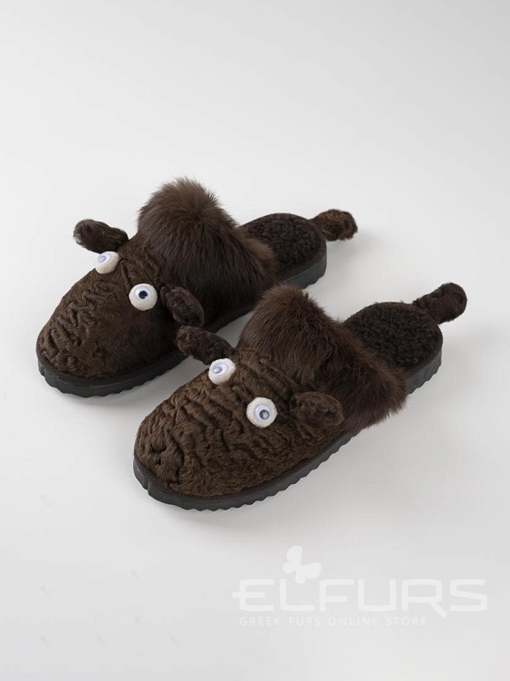 Тапочки-"Овечки" женские из каракуля с отделкой мехом норки коричневые